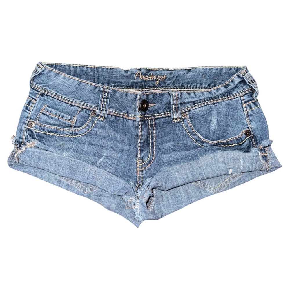 VTG Y2K Amethyst Micro Mini Ultra Low Rise Jean Shorts Size 9 / 30 Grunge Preppy